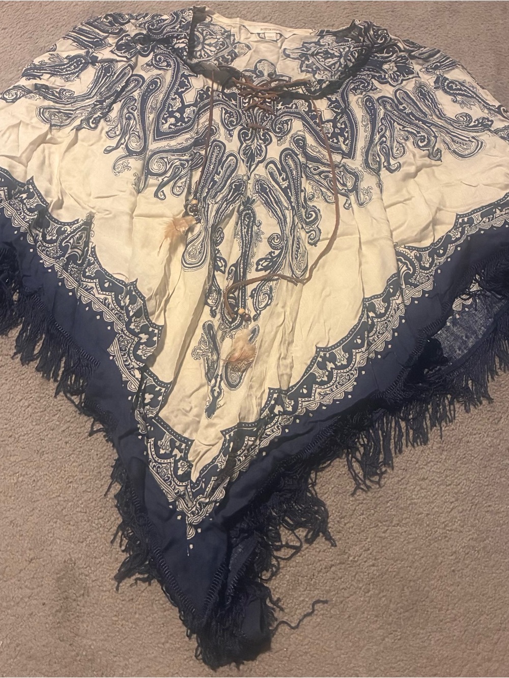 Bohemian Navy and Cream Paisley Fringe poncho - Boston Proper